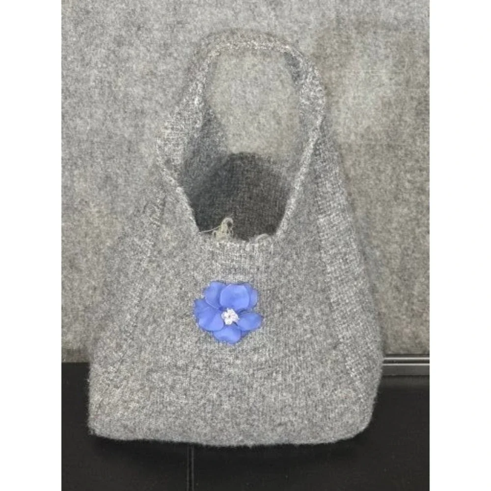 Grey‎ Knit Wool Blend Slouchy Hobo Bag Blue Flower Pin Minimalist Tote Hipster